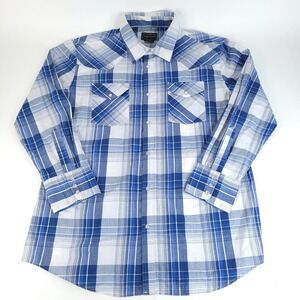 High Noon Western Shirt Men Large White Blue Plaid Pearl Snap Long Sleeve Cowboy